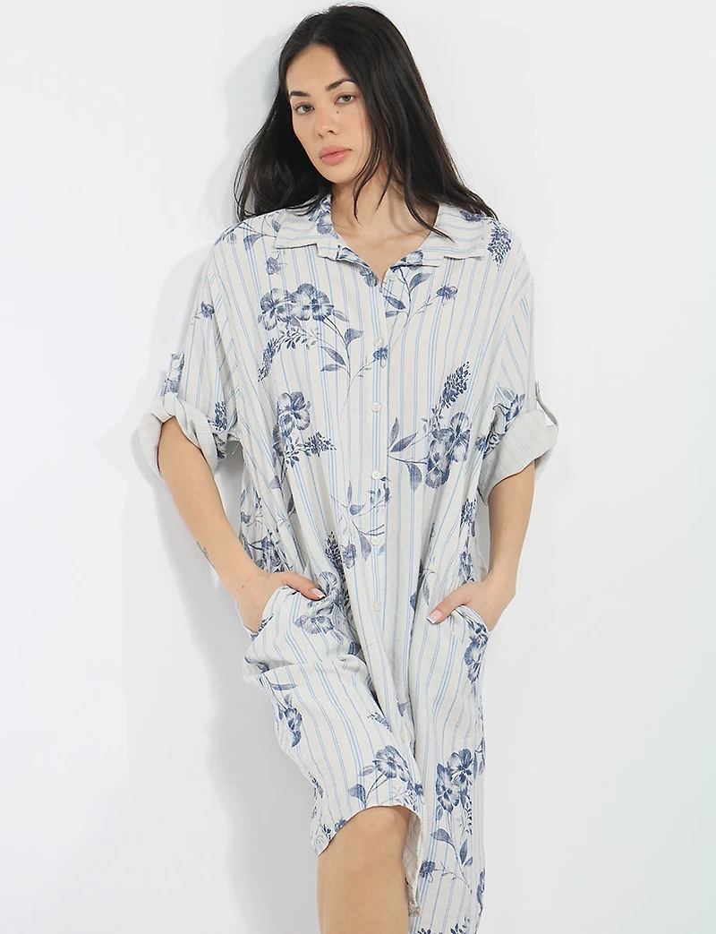 Robe Chemise Ample Fleurie Rayée à Manches Retroussables et Poches par Froccella