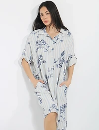 Robe Chemise Ample Fleurie Rayée à Manches Retroussables et Poches par Froccella