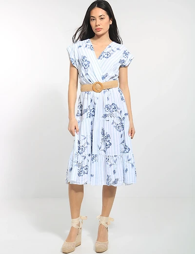 Robe Midi Fleurie Rayée Col V Cache-Cœur Manches Courtes Ceinturée par Froccella