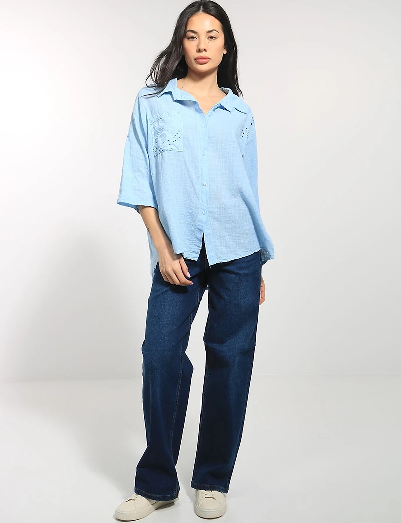 Chemise Broderie Œillet Boutonnée Manches 3/4 Ourlet Asymétrique par Froccella