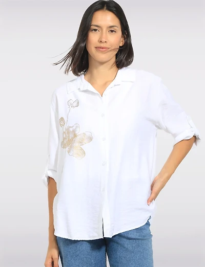 Chemise Fleurie Boutonnée Manches Retroussables Ourlet Asymétrique par Froccella
