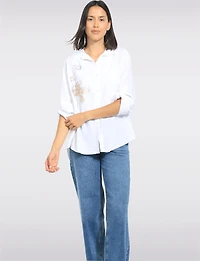 Chemise Fleurie Boutonnée Manches Retroussables Ourlet Asymétrique par Froccella