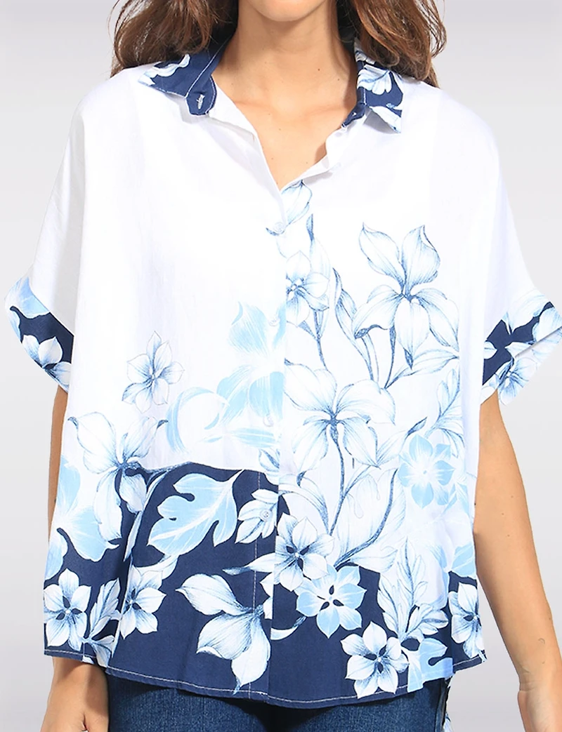 Chemise Fleurie Manches Dolman Boutonnée Ourlet Asymétrique par Froccella