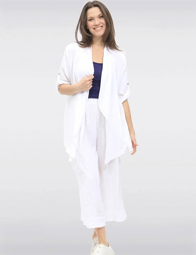 Cardigan Fluide en Lin avec Devant Cascade et Manches Repliées par Froccella