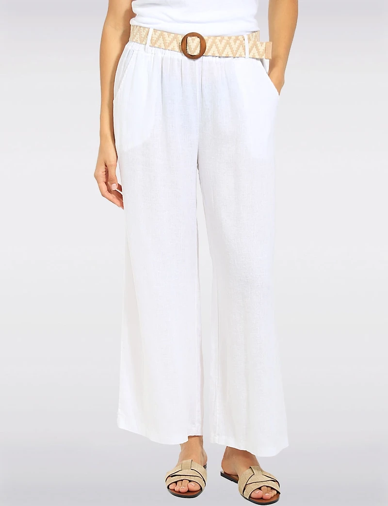 Pantalon Décontracté à Jambe Ample en Lin avec Ceinture Boucle par Froccella