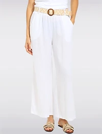 Pantalon Décontracté à Jambe Ample en Lin avec Ceinture Boucle par Froccella