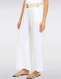 Pantalon Décontracté à Jambe Ample en Lin avec Ceinture Boucle par Froccella