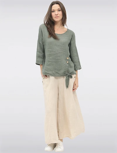 Pantalon Large Décontracté en Lin Avec Poches À Boutons par Froccella