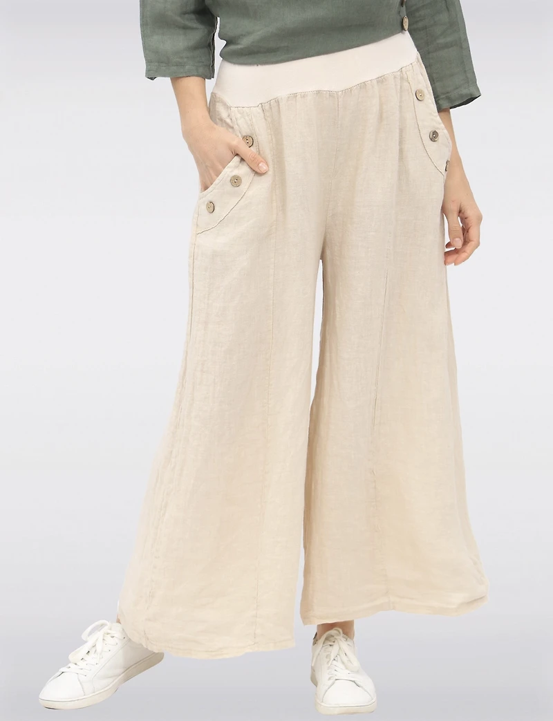Pantalon Large Décontracté en Lin Avec Poches À Boutons par Froccella