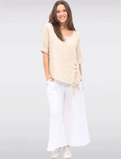 Pantalon Large Décontracté en Lin Avec Poches  Boutons par Froccella