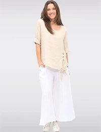 Pantalon Large Décontracté en Lin Avec Poches  Boutons par Froccella