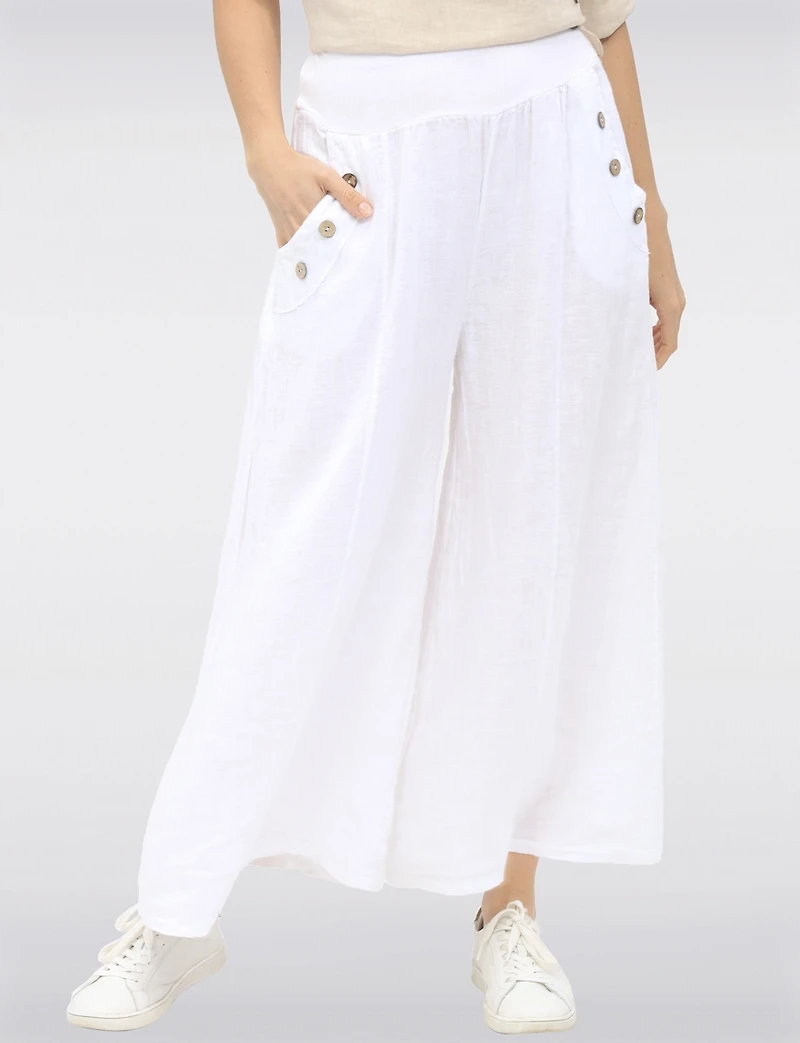 Pantalon Large Décontracté en Lin Avec Poches  Boutons par Froccella