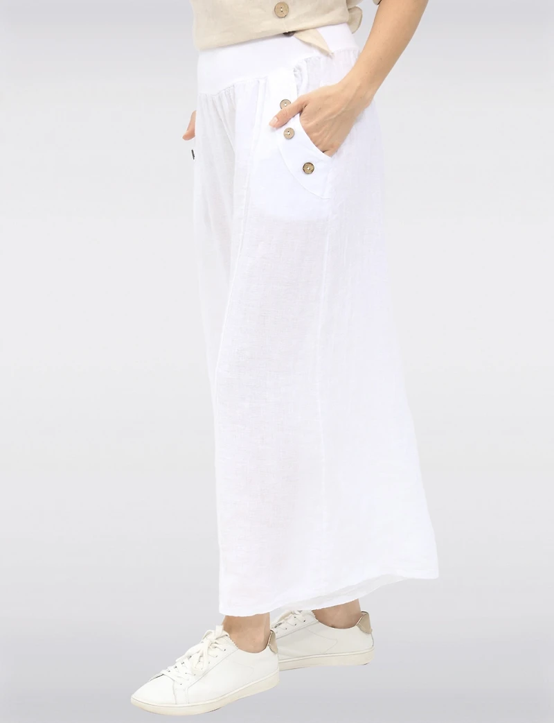 Pantalon Large Décontracté en Lin Avec Poches  Boutons par Froccella