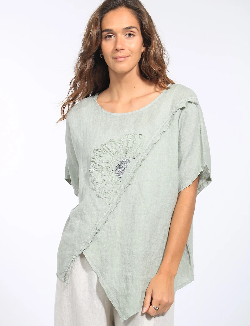 Haut Ample en Lin Ourlet Asymétrique Avec Fleur Paillettes par Froccella
