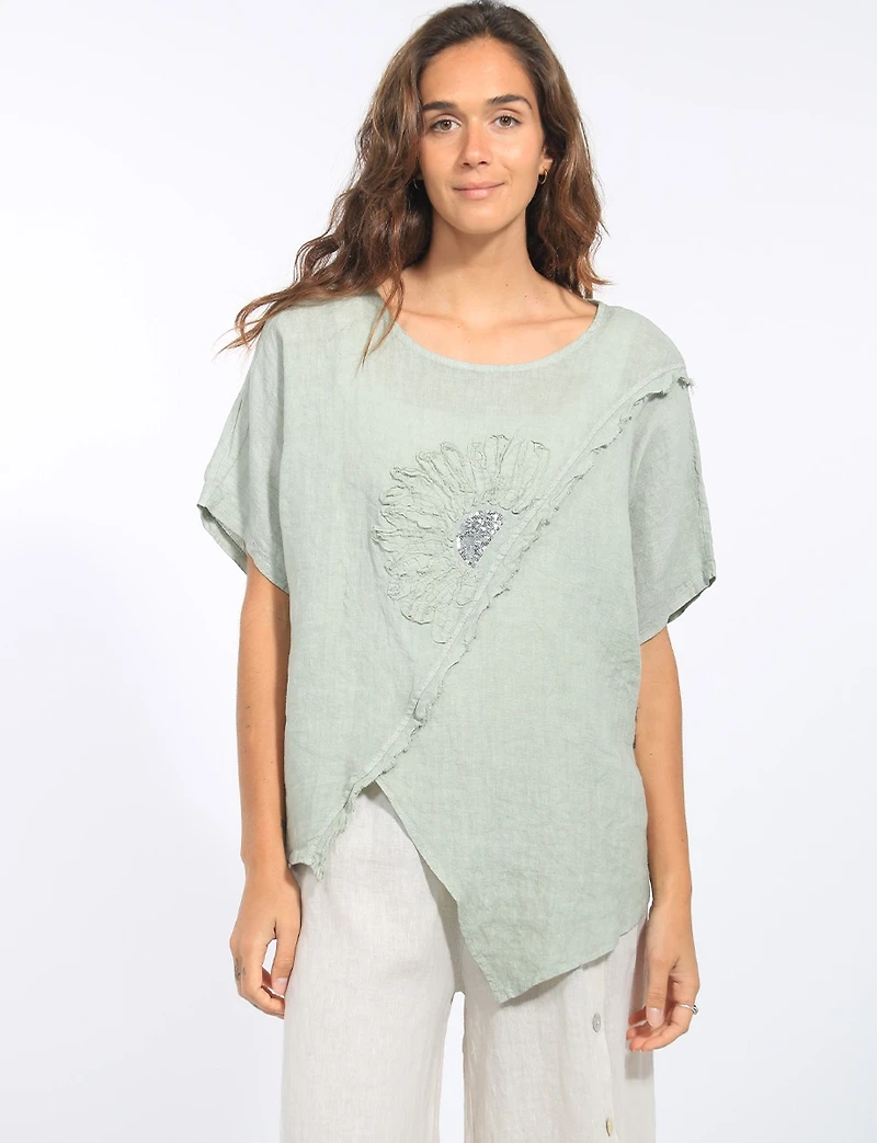 Haut Ample en Lin Ourlet Asymétrique Avec Fleur Paillettes par Froccella
