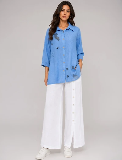 Pantalon en Lin Coupe Ample à Taille Haute Jambe Large avec Poches par Froccella