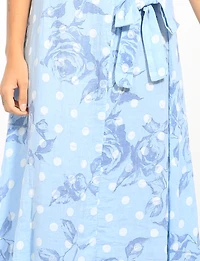 Robe Sans Manches en Lin Imprimée À Pois & Fleurs Col en V Et Nœud Par Froccella