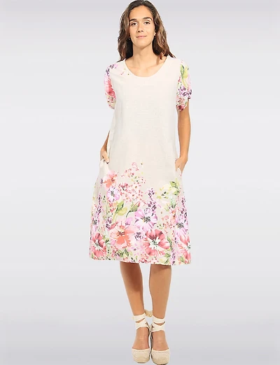 Robe Florale Mi-longue Ample À Manches Courtes en Lin Mélangé Par Froccella