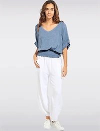 Pantalon Ballon Lin-Coton Ourlet Asymétrique avec Poches Plaquées par Froccella