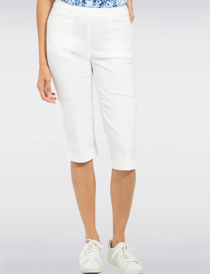 Capri Blanc Coupe Ajustée Extensible avec Deux Poches et Ourlet Boutonné