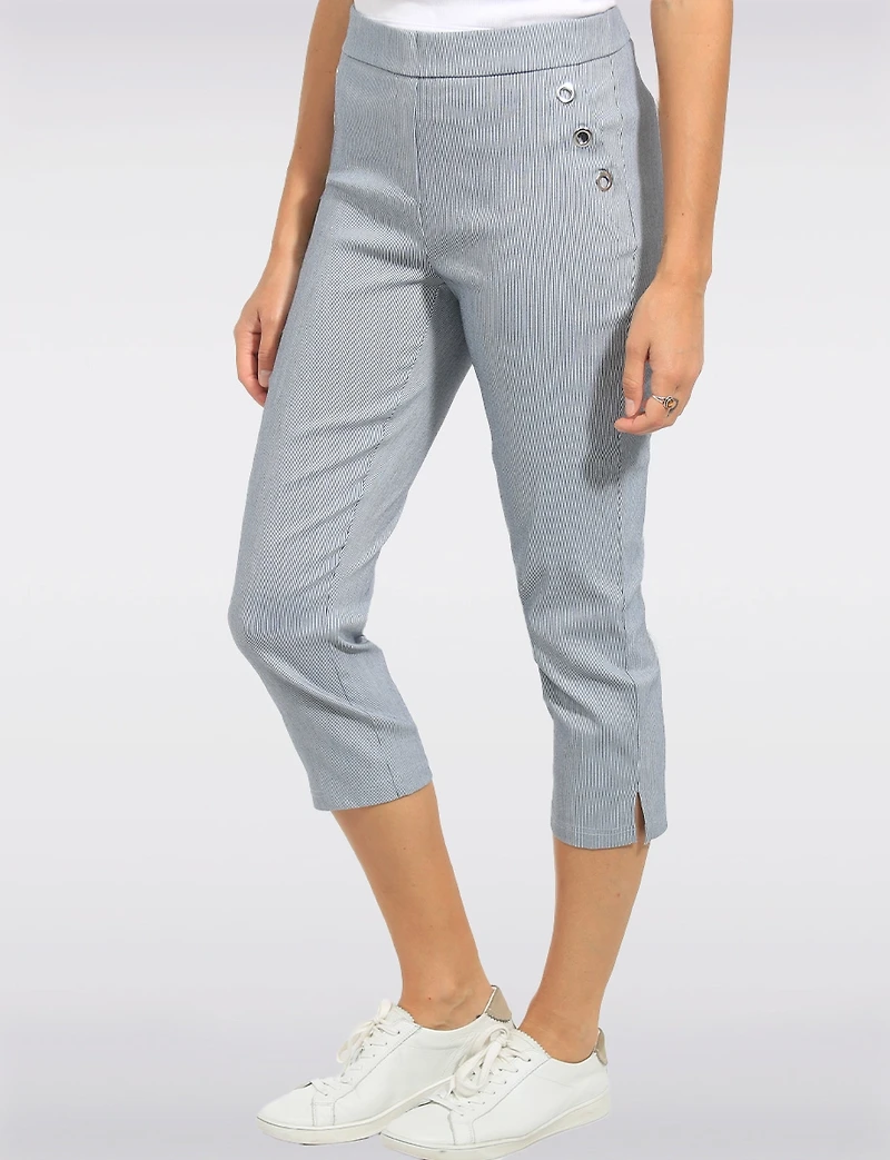 Capri Bleu Rayé Coupe Ajustée Extensible avec Détails Œillets et Fentes au Bas