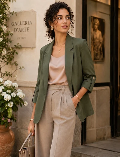 Blazer Léger en Lin Drapé Ouvert à Manches 3/4 Retroussées Pour Femme par Only