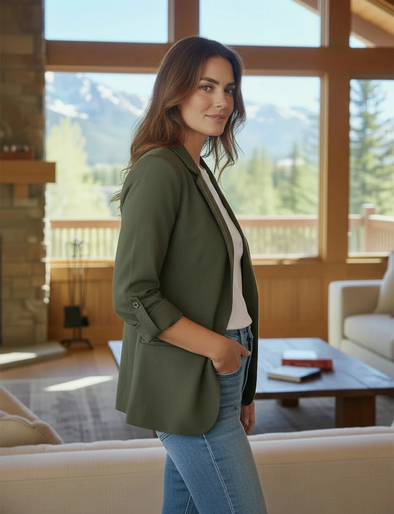 Blazer Léger en Lin Drapé Ouvert à Manches 3/4 Retroussées Pour Femme par Only