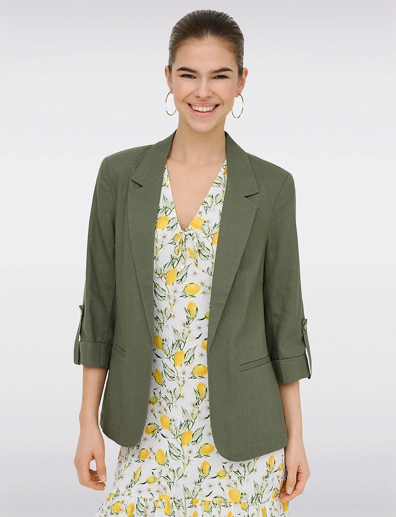 Blazer Léger en Lin Drapé Ouvert à Manches 3/4 Retroussées Pour Femme par Only