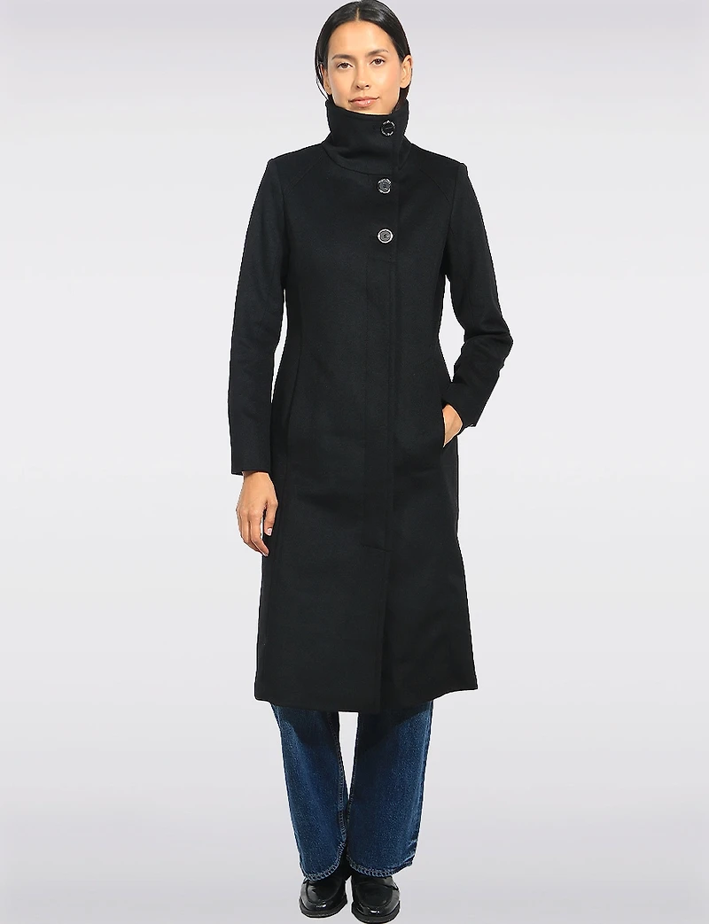 Manteau Mi-long Col Montant Simple Boutonnage en Laine Mélangée Par Kenneth Cole
