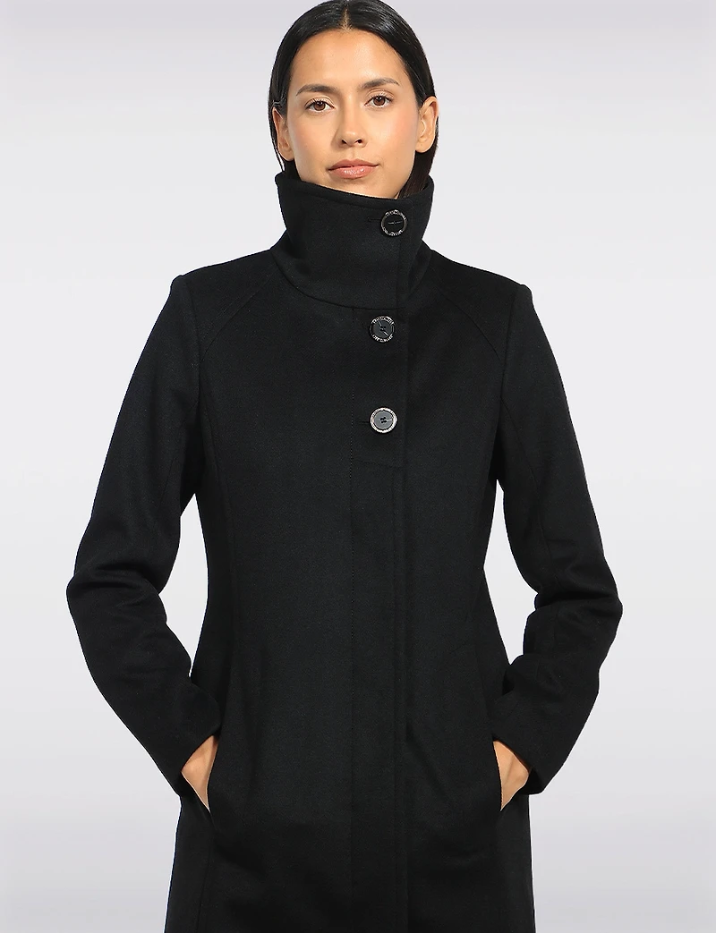 Manteau Mi-long Col Montant Simple Boutonnage en Laine Mélangée Par Kenneth Cole