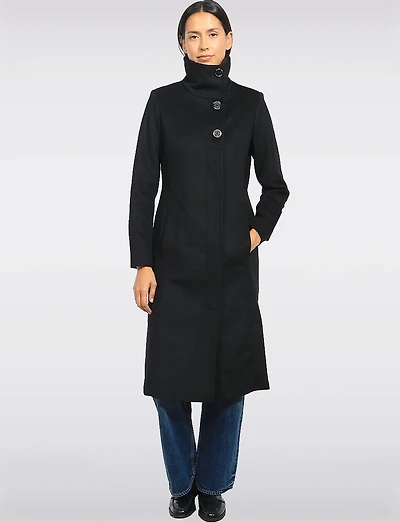 Manteau Mi-long Col Montant Simple Boutonnage en Laine Mélangée Par Kenneth Cole