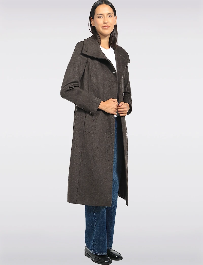 Manteau Mi-long Col Montant Simple Boutonnage en Laine Mélangée Par Kenneth Cole