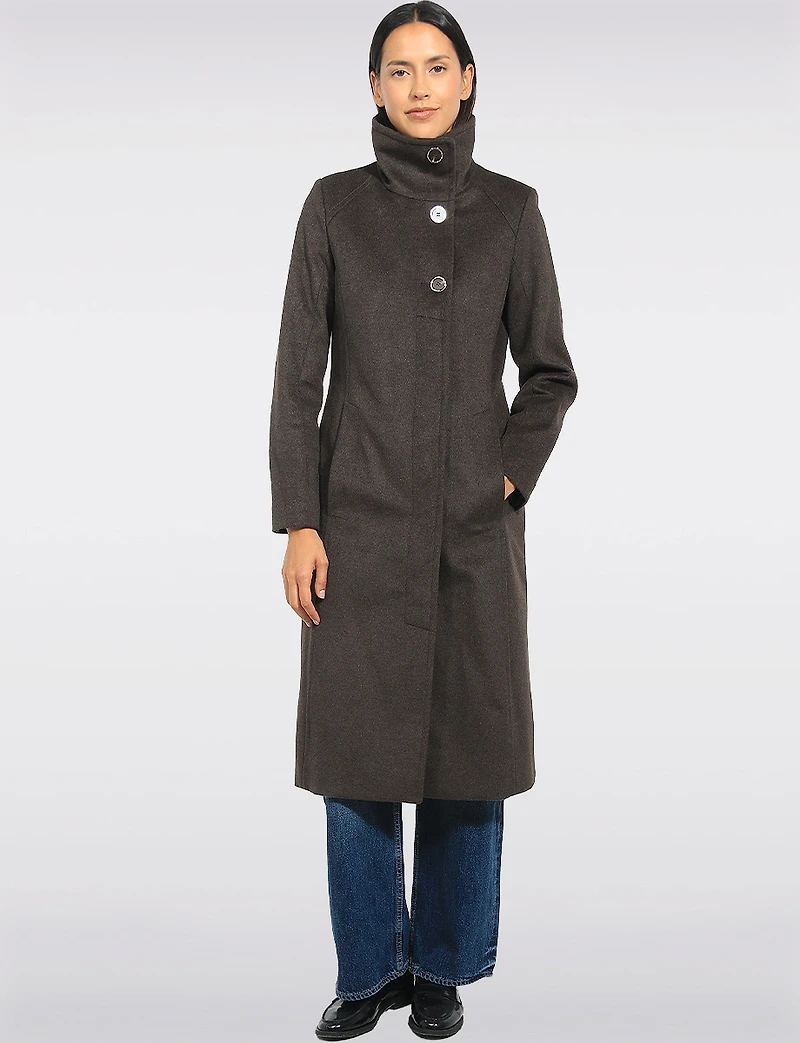 Manteau Mi-long Col Montant Simple Boutonnage en Laine Mélangée Par Kenneth Cole
