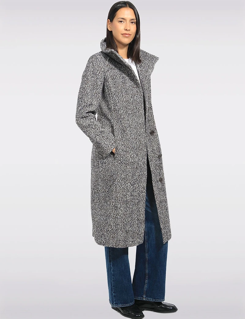 Manteau Mi-long Col Montant Boutonné  en Laine Mélangée Chevron Par Kenneth Cole