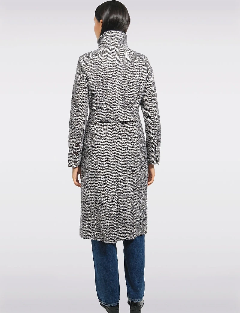 Manteau Mi-long Col Montant Boutonné  en Laine Mélangée Chevron Par Kenneth Cole