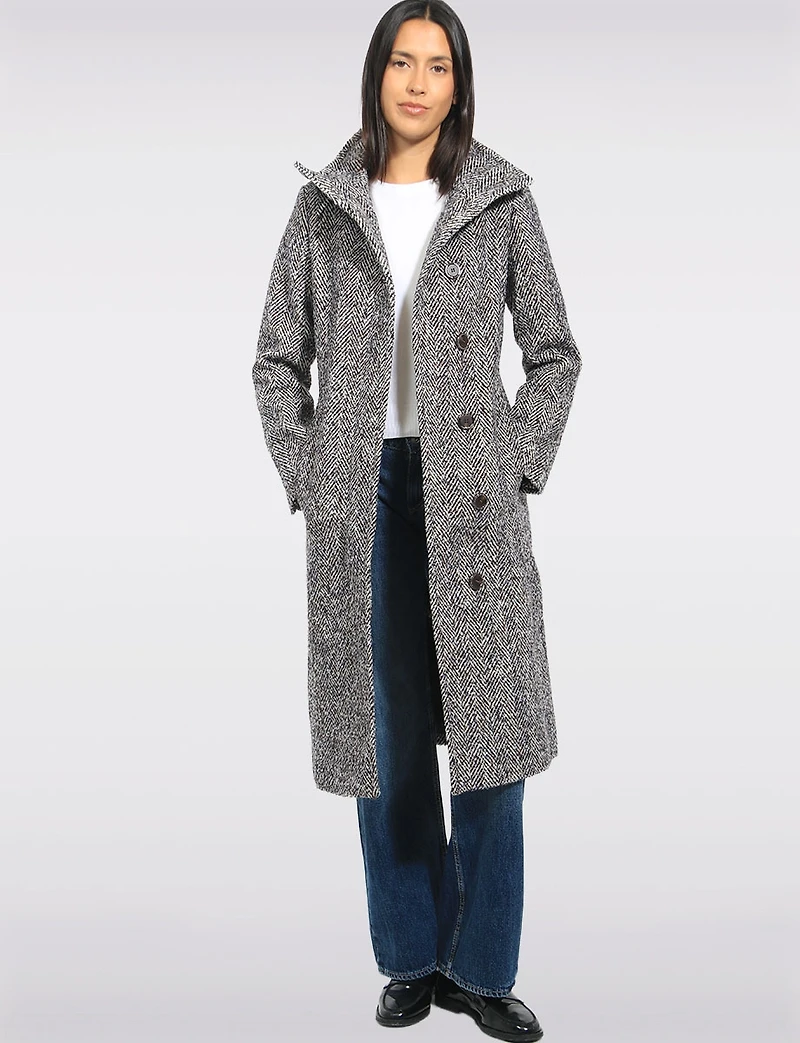Manteau Mi-long Col Montant Boutonné  en Laine Mélangée Chevron Par Kenneth Cole