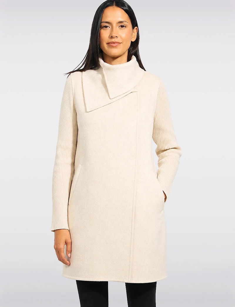 Manteau Droit Boutonnage Caché Laine Mélangée & Manches Tricotées-Kenneth Cole