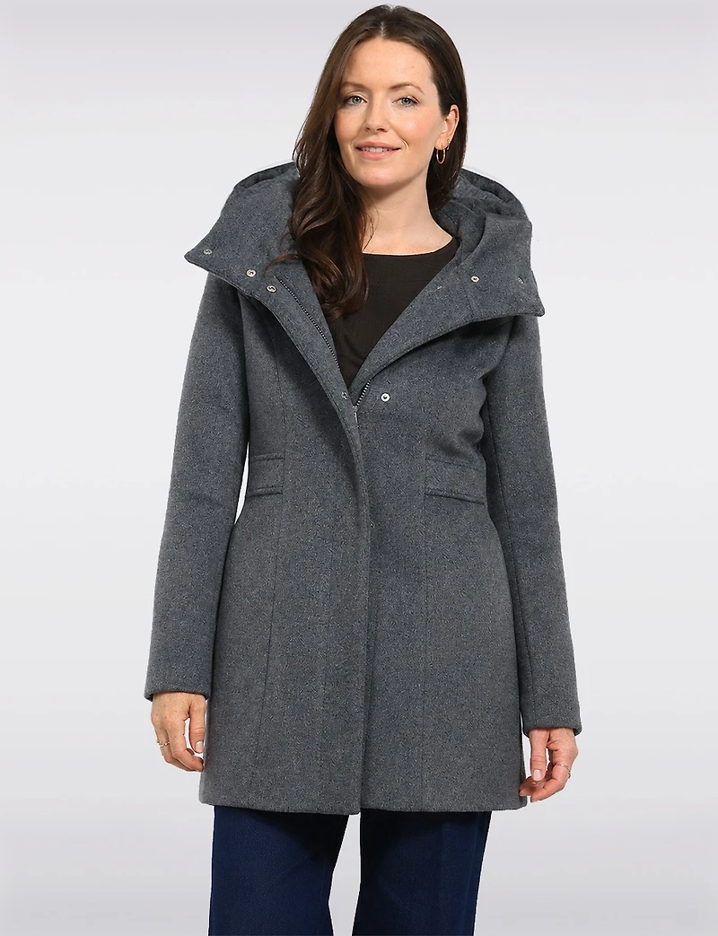 Manteau Mi-long À Capuche en Laine Végane Coupe Droite Zippé Par Point Zero