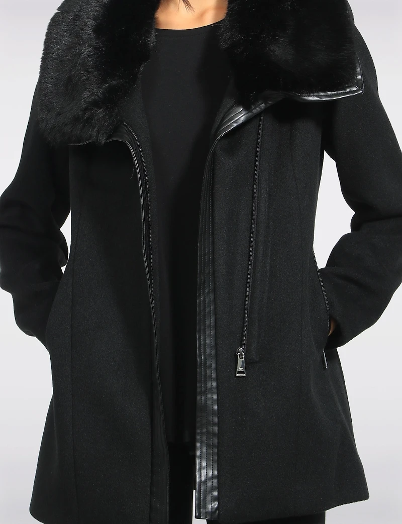 Manteau Laine Végane Zippé Col Fausse Fourrure Bordé Simili Cuir Par Point Zero