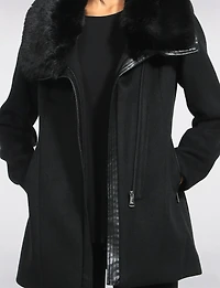 Manteau Laine Végane Zippé Col Fausse Fourrure Bordé Simili Cuir Par Point Zero