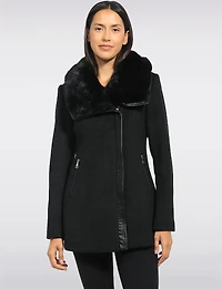 Manteau Laine Végane Zippé Col Fausse Fourrure Bordé Simili Cuir Par Point Zero