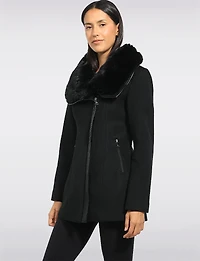 Manteau Laine Végane Zippé Col Fausse Fourrure Bordé Simili Cuir Par Point Zero