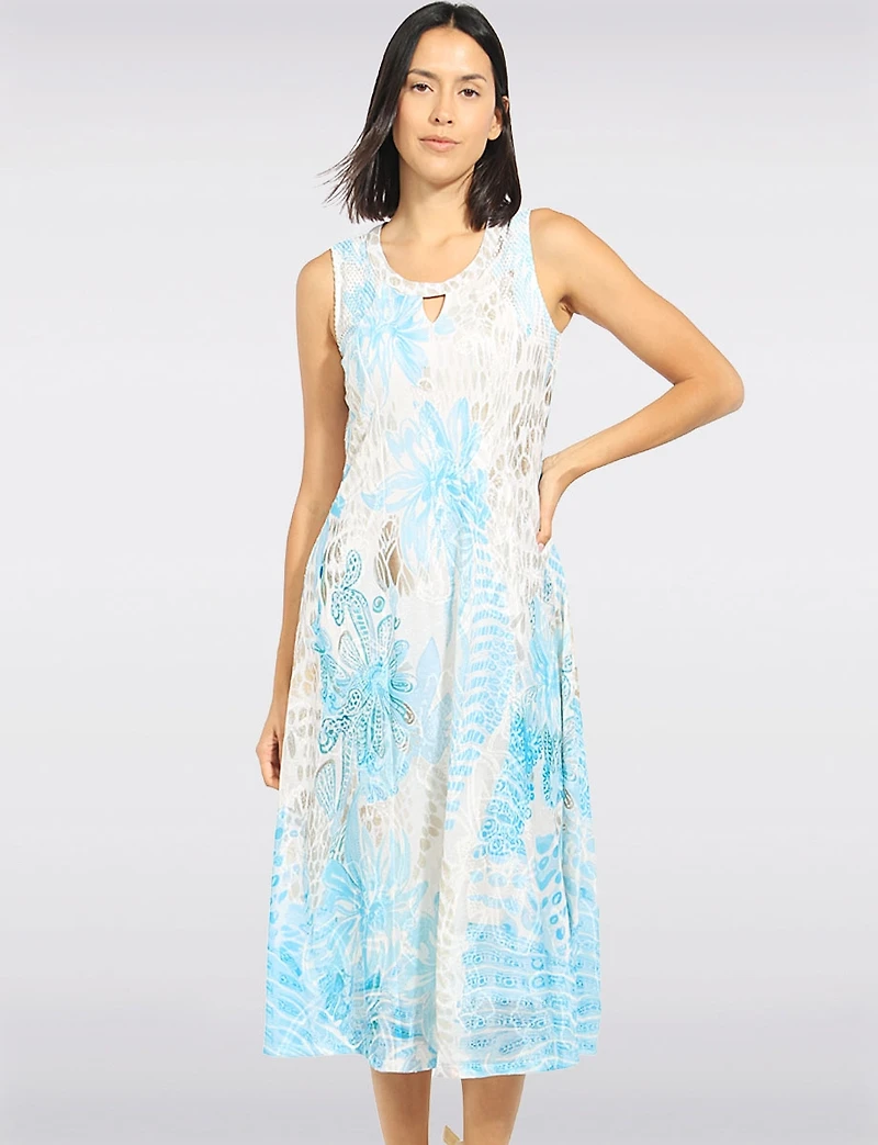Robe Midi Sans Manches en Maille Extensible Doublée à Motif Botanique Bleu C