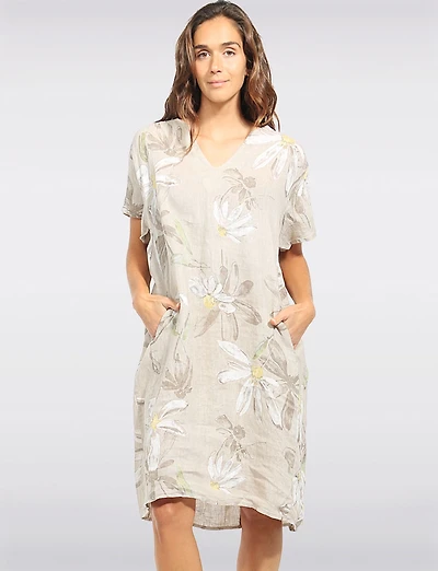 Robe Lin Motif Marguerites Col Fente Manches Courtes avec Poches par Froccella