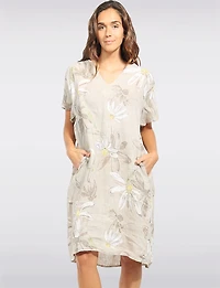 Robe Lin  Motif Marguerites Col Fente Manches Courtes avec Poches par Froccella