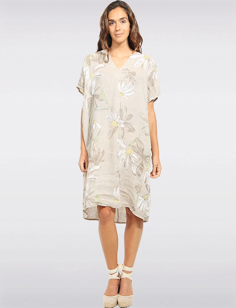 Robe Lin  Motif Marguerites Col Fente Manches Courtes avec Poches par Froccella