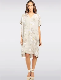Robe Lin  Motif Marguerites Col Fente Manches Courtes avec Poches par Froccella
