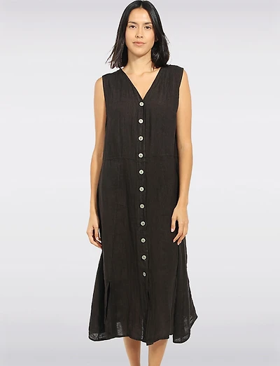 Robe Lin Midi Boutonnée Col en V Sans Manches Coupe A-Ligne par Froccella