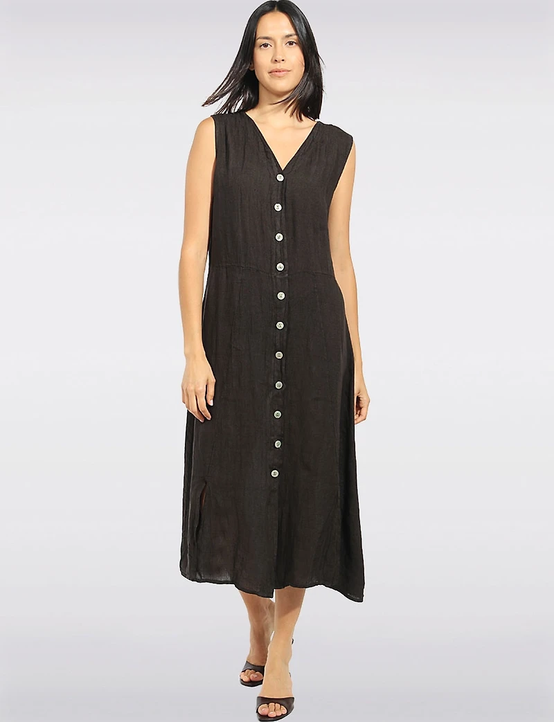 Robe Lin Midi Boutonnée Col en V Sans Manches Coupe A-Ligne par Froccella