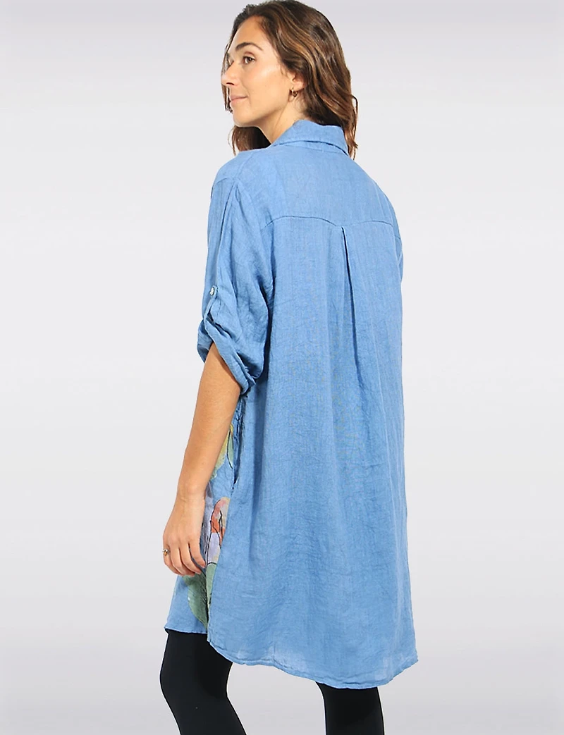 Tunique Chemise Lin Fleurie Boutonnée Manches Ajustables avec Poches Froccella